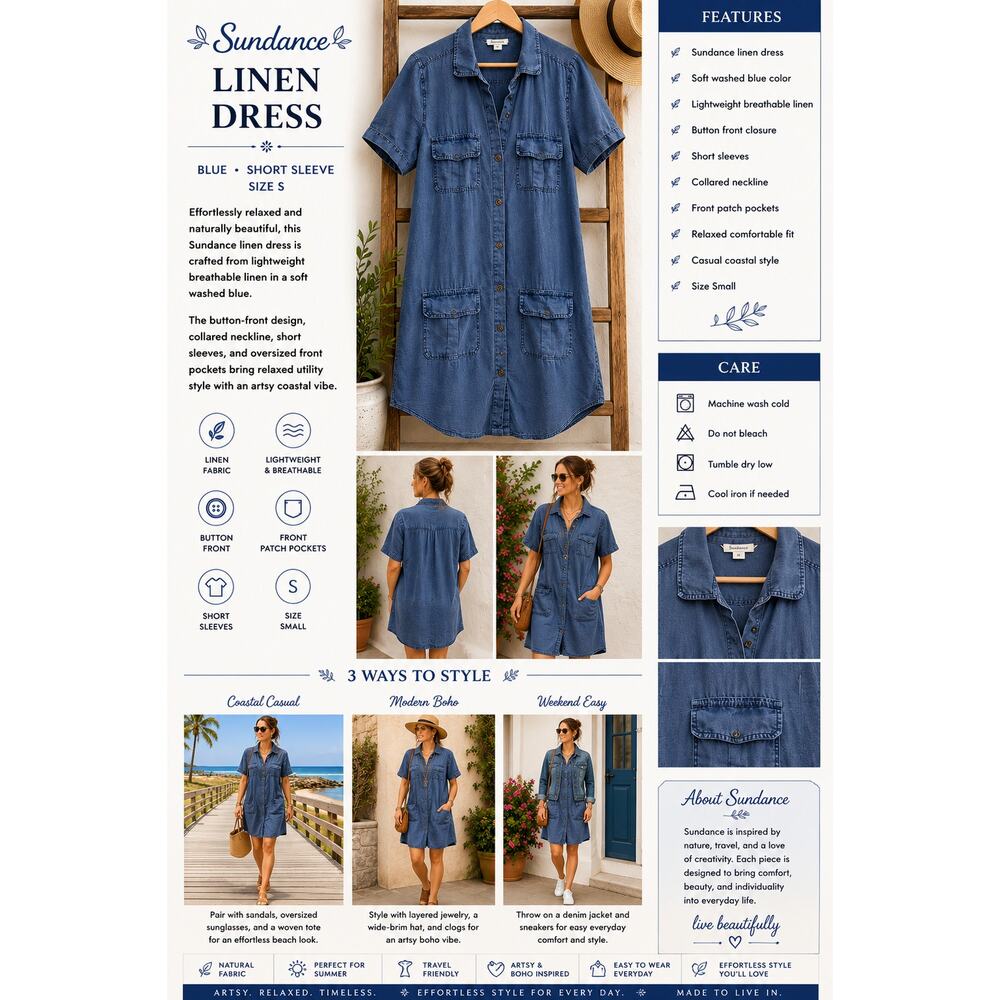 Sundance Harper Linen Shirt Dress Blue Utility Pockets Cargo Button Front Small